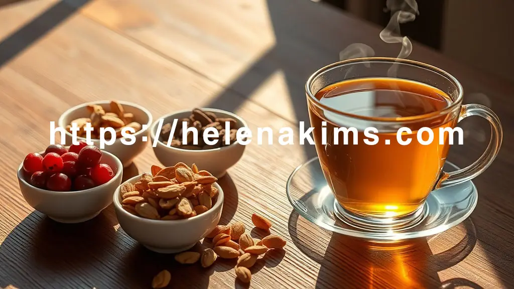 햇살이 은은하게 비치는 나무 테이블 위, 신선한 크랜베리, 말린 옥수수수염, 고소한 호박씨가 각각 작은 그릇에 담겨 정갈하게 놓여있습니다. 그 옆으로는 각 재료로 우려낸 따뜻한 차가 투명한 찻잔에 담겨 김이 모락모락 피어오르고 있습니다.