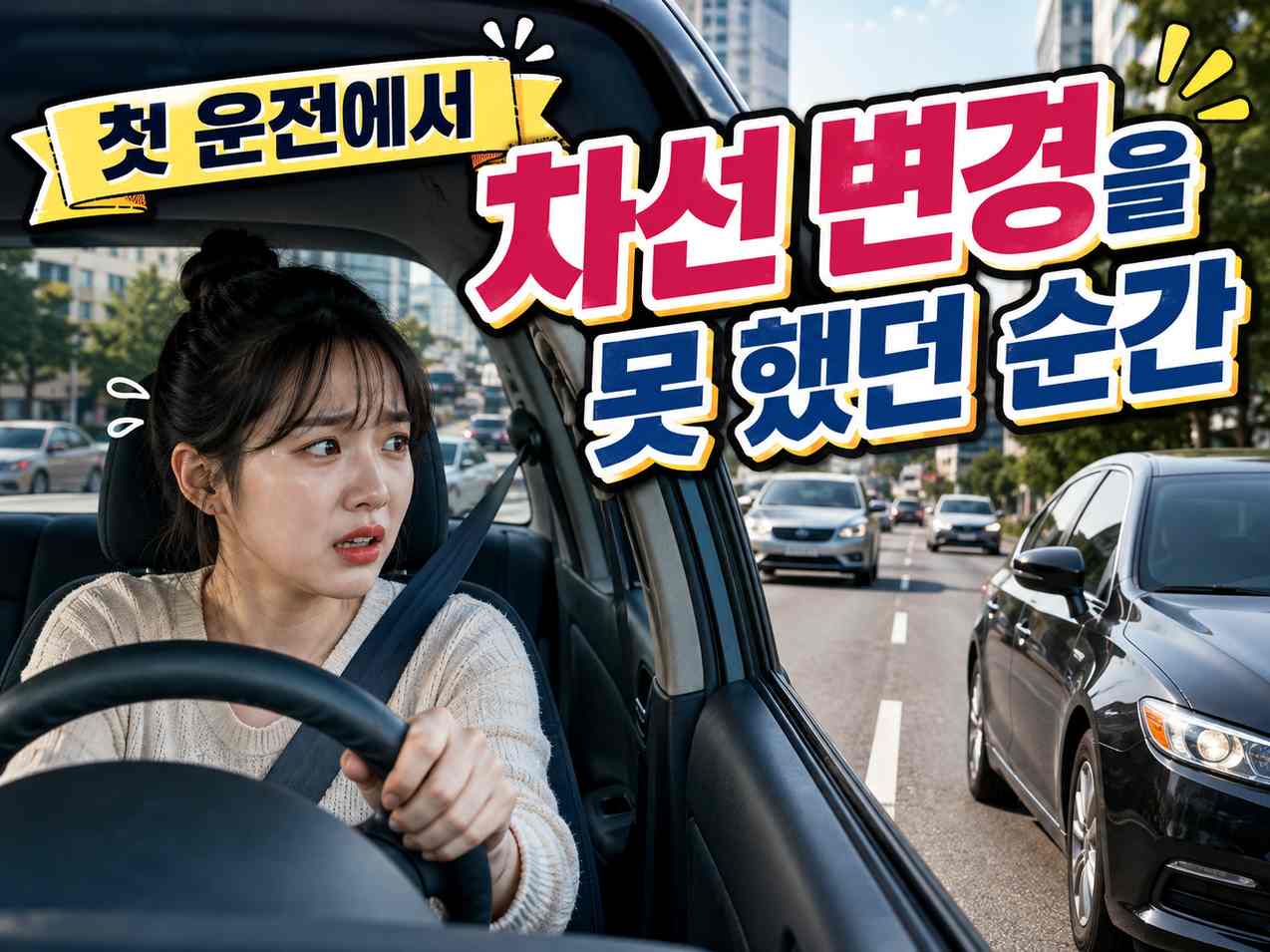 도심 도로를 운전하는 초보 여성 운전자와 &lsquo;첫 운전에서 차선 변경을 못 했던 순간&rsquo;이라는 문구가 함께 보이는 대표 이미지