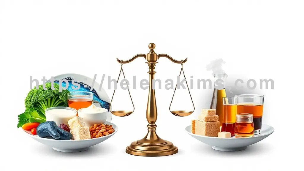 왼쪽 접시에는 신선한 브로콜리, 등푸른 생선, 요거트, 따뜻한 차가 밝고 활기찬 이미지로, 오른쪽 접시에는 인스턴트 식품, 설탕 덩어리, 술잔, 차가운 음료가 어둡거나 경고적인 톤으로 표현한 그래픽 이미지.