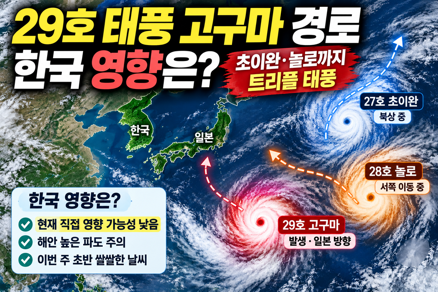 29호 태풍 고구마 예상 경로와 초이완 놀로 트리플 태풍 한국 영향