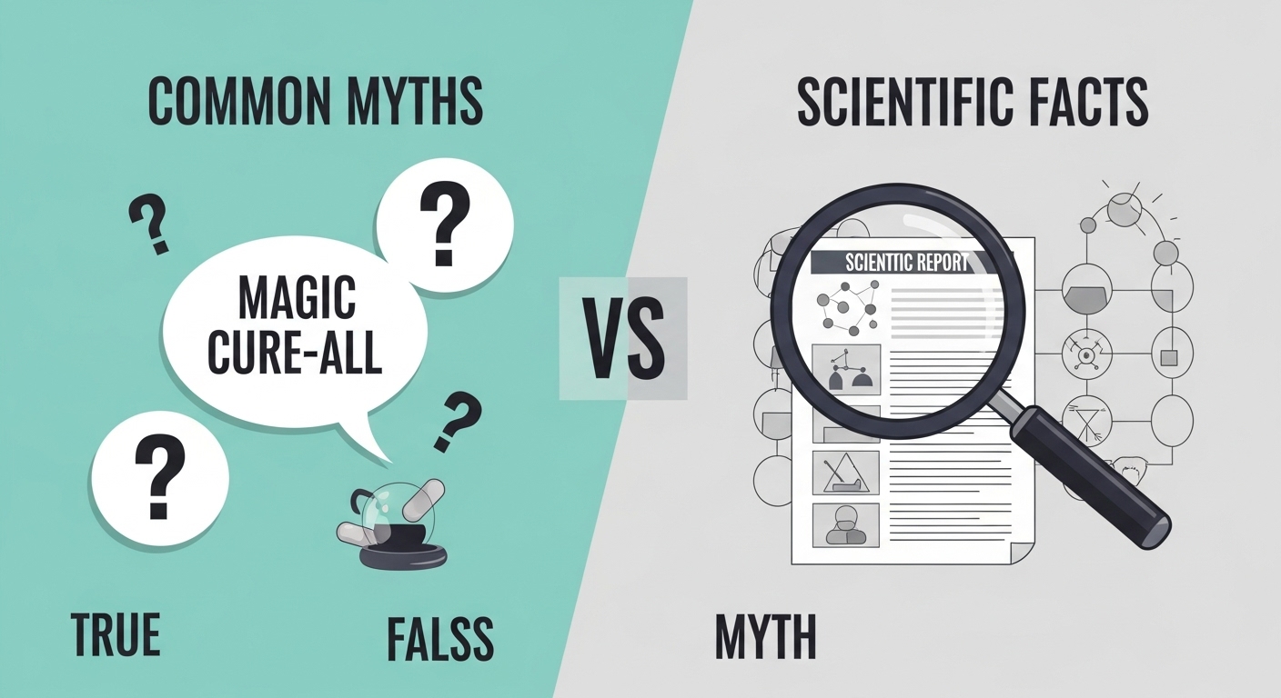 건강 보조제에 대한 흔한 오해와 과학적 진실을 대비시키는 삽화. 과장된 주장을 나타내는 물음표와 과학적 보고서를 자세히 들여다보는 확대경이 함께 그려져 있습니다.