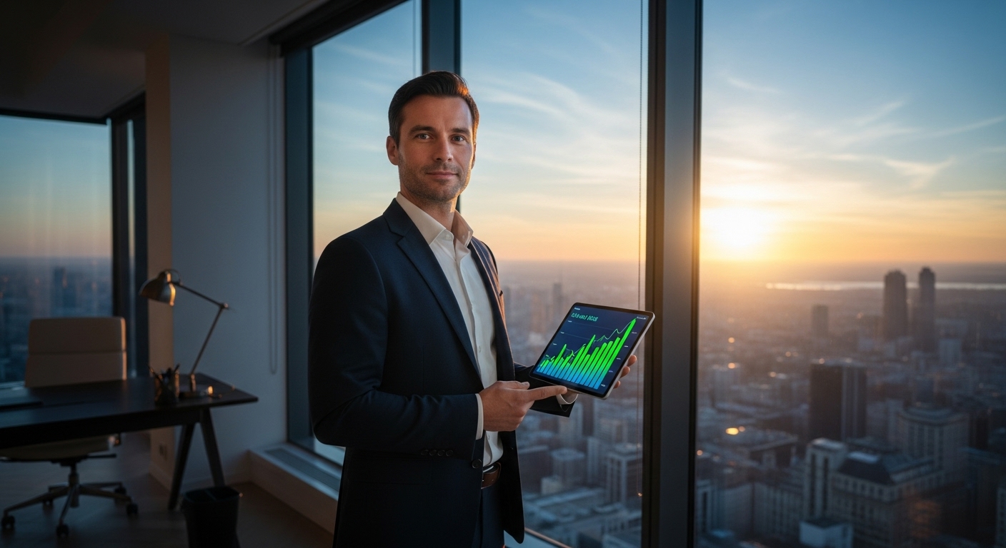 μ±κ³΅ν μ¬μ
κ°κ° λμμ μμΉ¨μ λ°λΌλ³΄λ©° νλΈλ¦Ώμ κΈμ΅ κ·Έλνλ₯Ό νμΈνλ λͺ¨μ΅, 2025λ
 κ²½μ μ  μμ μ μλ‘μ΄ μμμ μμ§