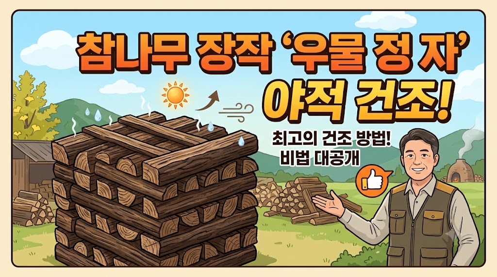 참나무 장작을 우물 정 자 모양으로 야적하여 건조하는 모습