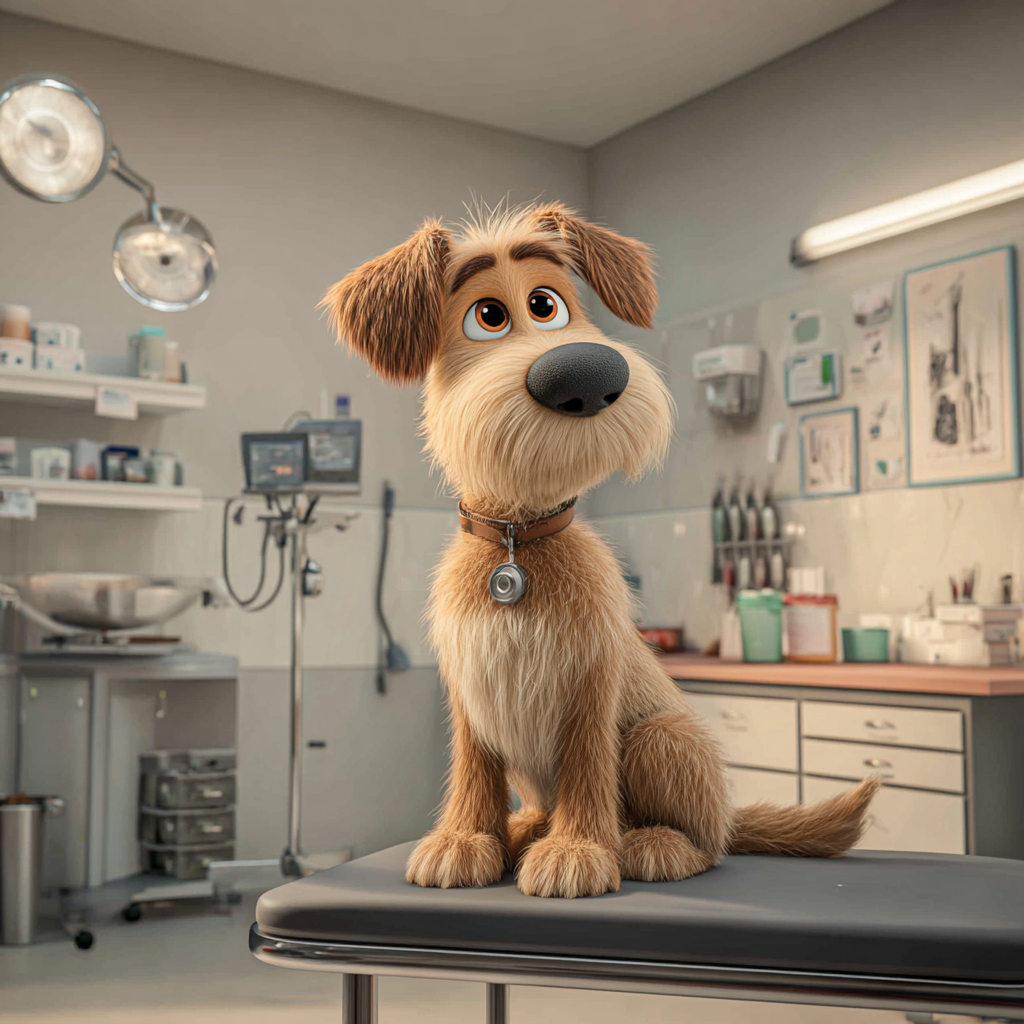 병원에스 검진받는 귀여운 강아지, 픽사스타일 일러스트