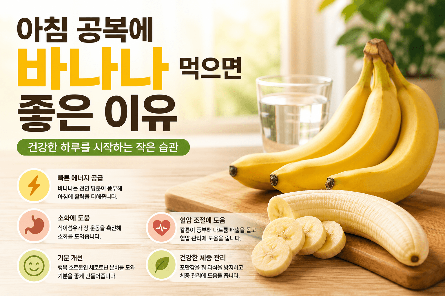 식탁 위 바나나와 바나나 슬라이스, 물 한 잔이 놓여 있으며 건강한 아침 식습관과 활기찬 하루 시작을 표현한 일러스트