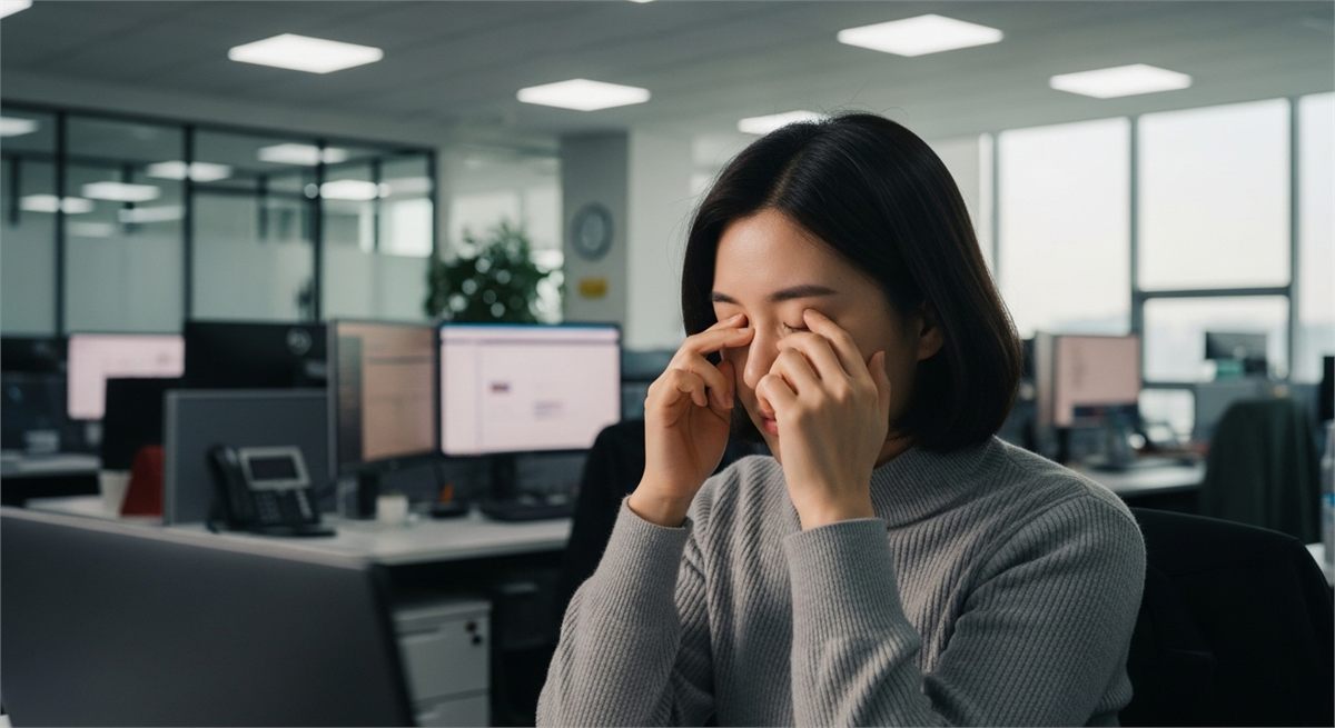 화면을 오래 본 뒤 눈을 쉬게 하는 한국인 직장인의 모습