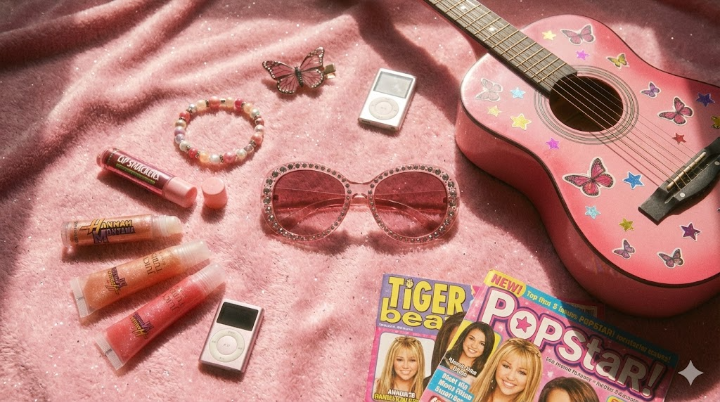 반짝이는 립글로스와 기타, 팝스타의 선글라스 등 한나 몬타나의 시그니처 아이템들이 2000년대 감성으로 예쁘게 배치된 정물 사진