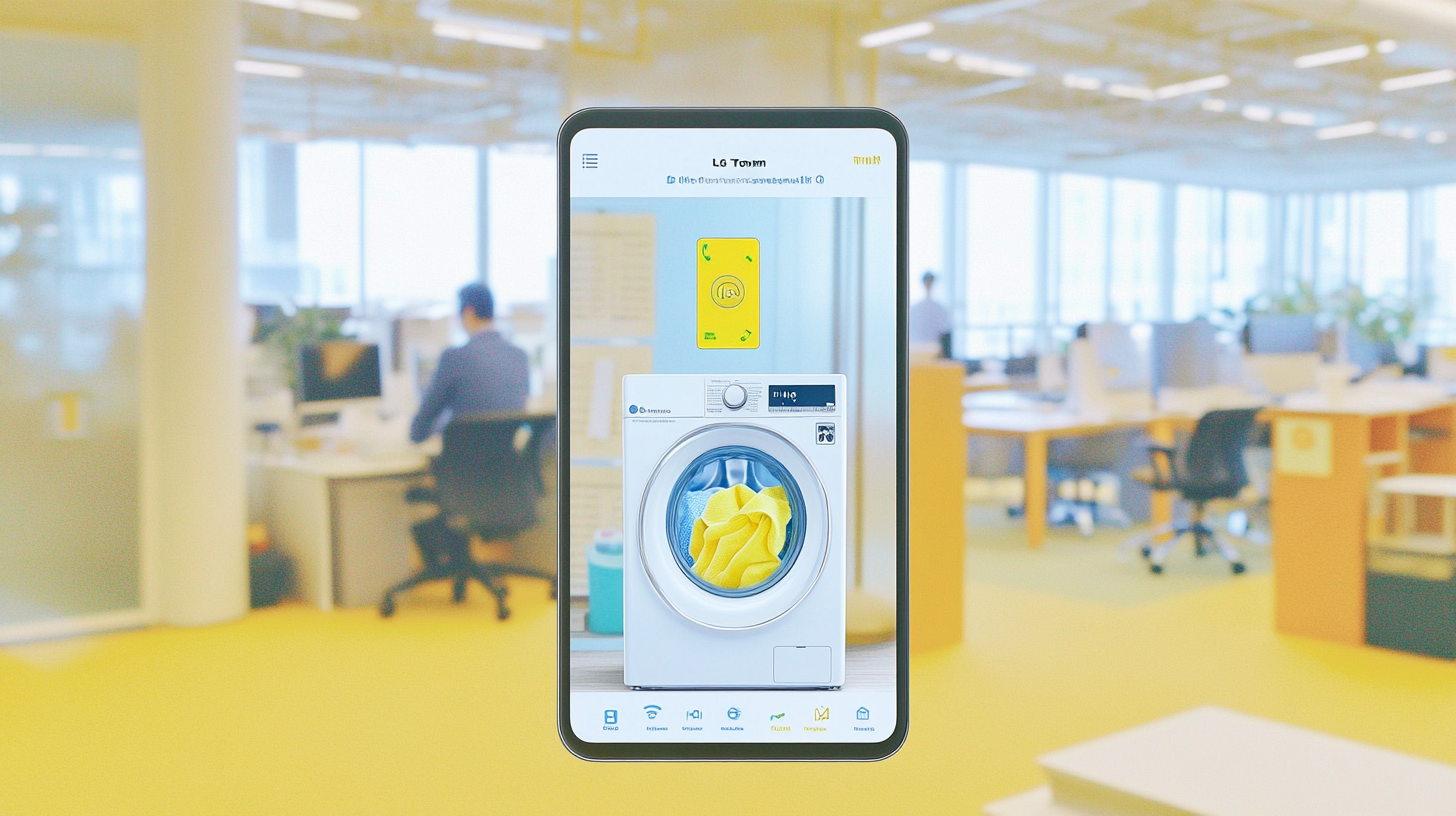 바쁜 사무실 환경에서 스마트폰의 LG ThinQ 앱을 통해 LG 트롬 세탁기를 원격으로 조작하는 장면입니다.