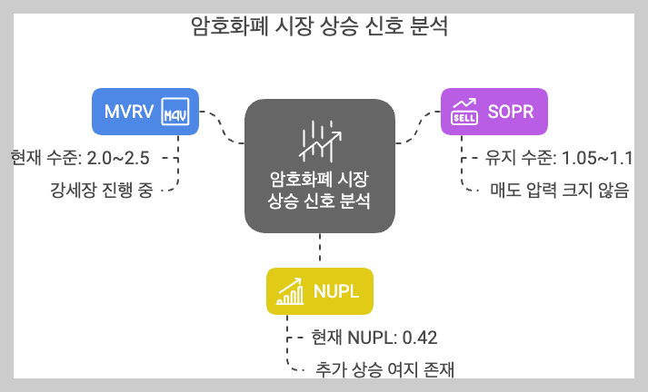 MVRV: 현재 2.0~2.5 수준으로 강세장 진행 중
SOPR: 1.05~1.1 유지, 매도 압력 크지 않음 → 추가 상승 가능
NUPL: 0.42로 상승장 중반, 추가적인 가격 상승 여지 존재