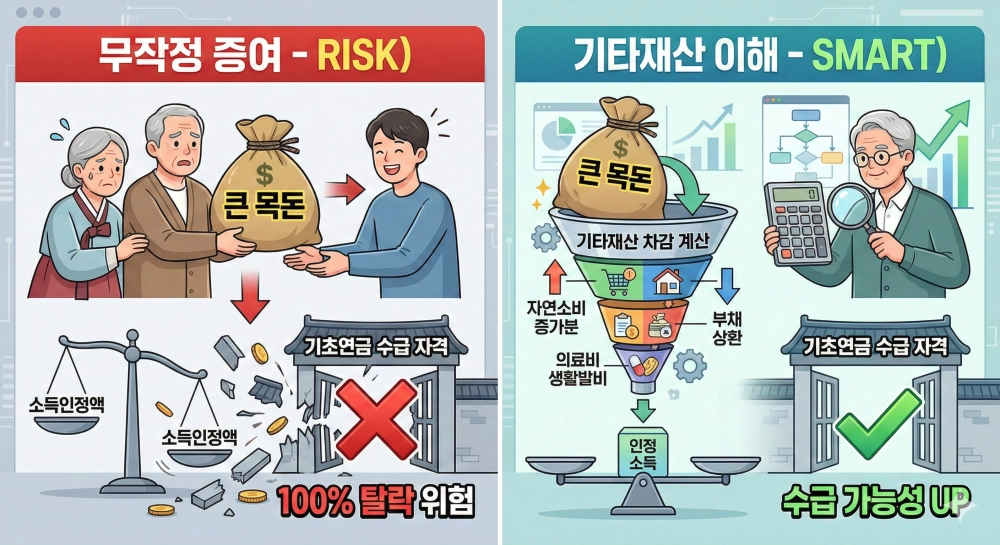 기초연금 수급 자격과 관련하여 자녀에게 무작정 큰 목돈을 증여하는 위험(RISK)과 기타재산을 이해하고 차감 계산을 통해 수급 가능성을 높이는 스마트한 방법(SMART)을 대조하여 보여주는 인포그래픽. 왼쪽은 증여 후 소득인정액 증가로 수급 탈락 위험이 높은 모습을, 오른쪽은 자연소비 증가분, 의료비, 생활비 등을 차감하여 인정 소득을 낮추고 수급 가능성을 높이는 과정을 설명합니다