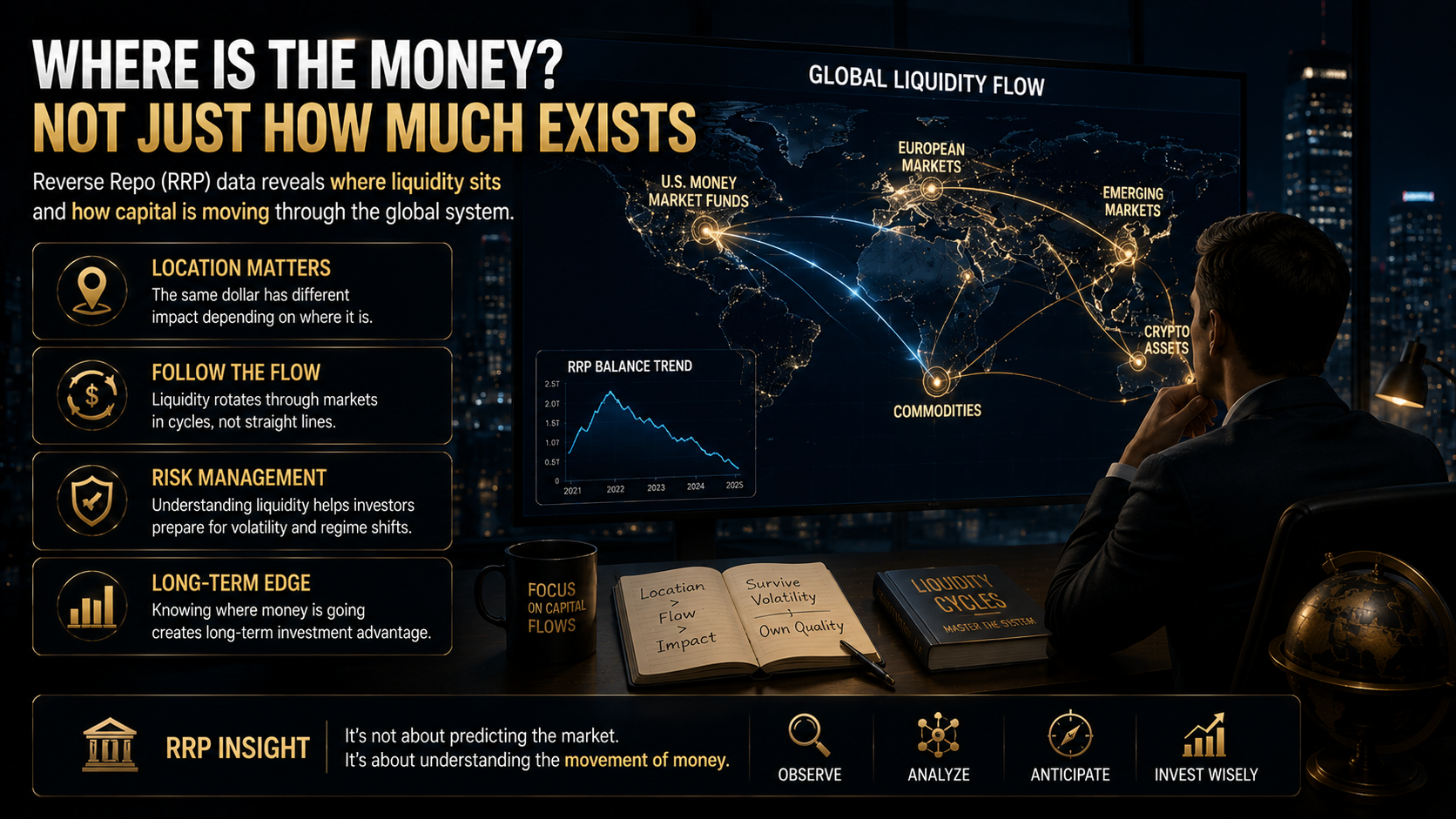 Investor analyzing global liquidity flows and understanding Reverse Repo RRP money movement across financial markets
