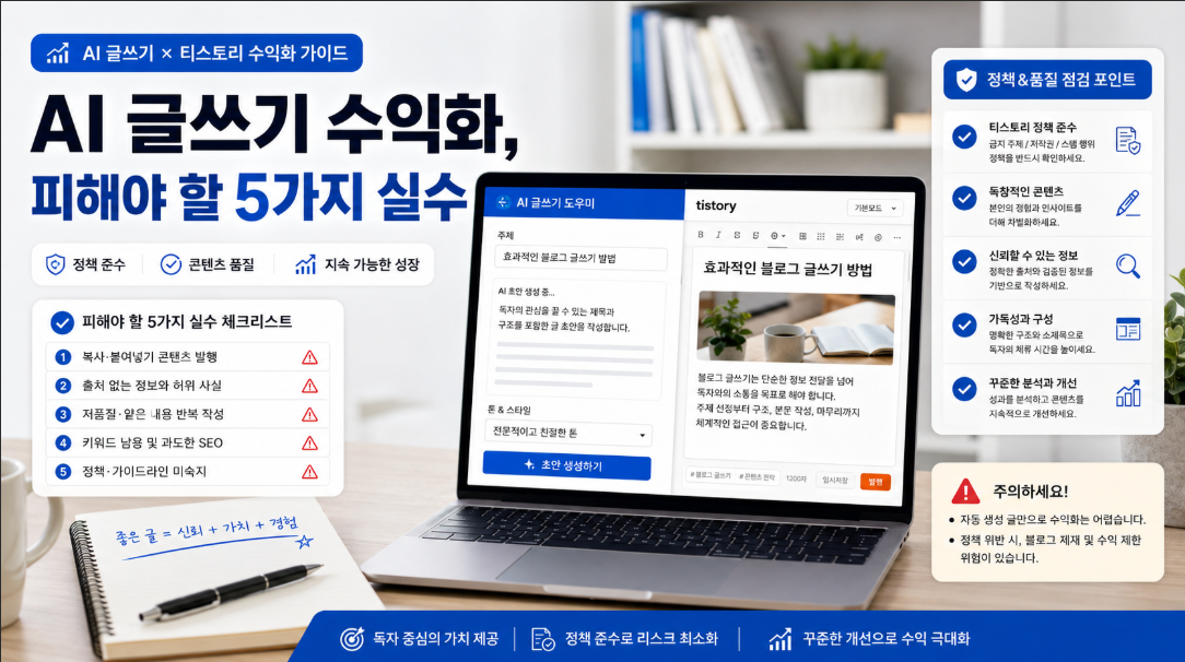 AI 글쓰기로 블로그 수익화할 때 피해야 할 5가지 실수를 설명하는 썸네일 이미지