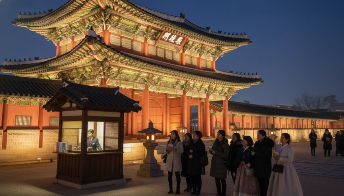 창경궁 홍화문 입구의 야경. 은은하게 밝혀진 매표소와 궁궐 입구를 통과하는 관람객들의 모습이 보인다.