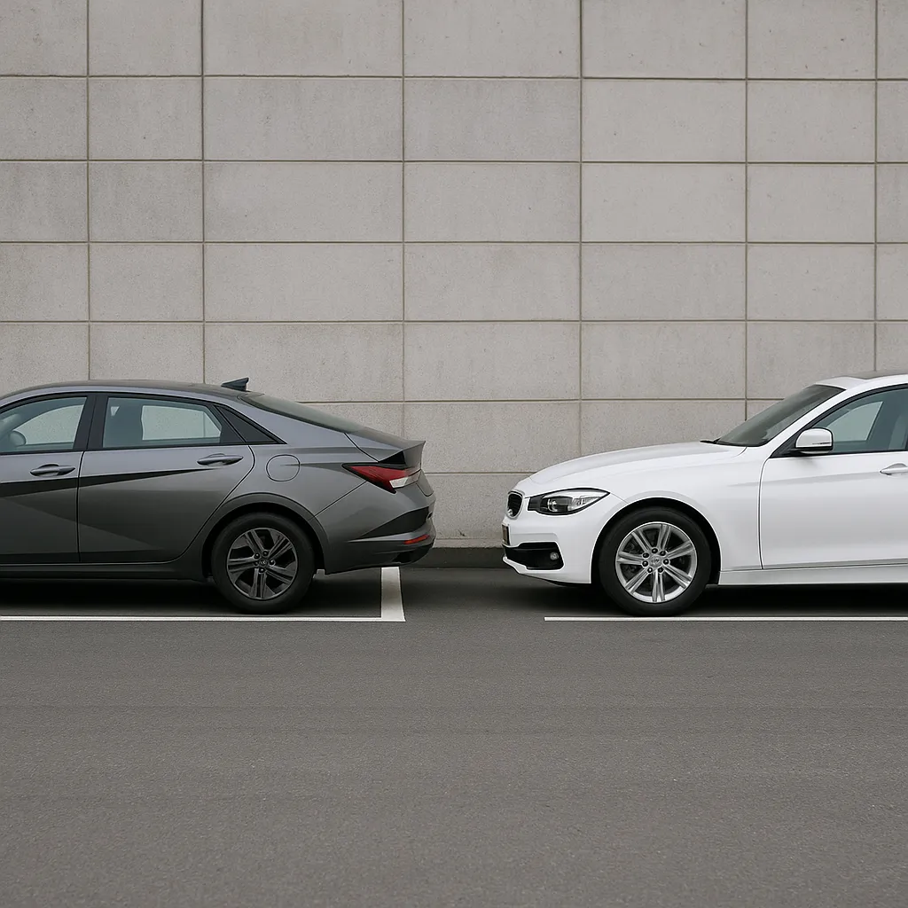 국산차와 수입차가 나란히 주차된 비교 장면