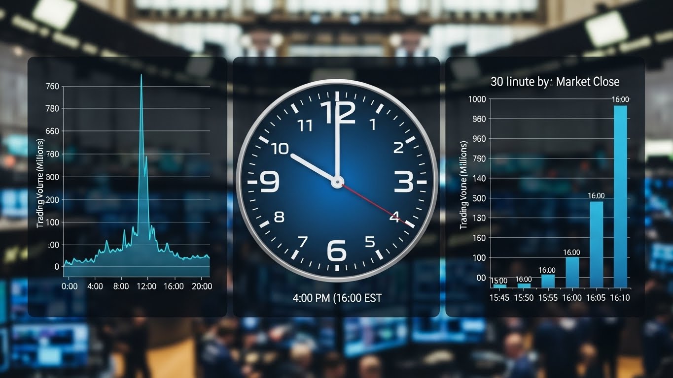 주식 시장 마감 시간 동시호가에 집중되는 거래량을 나타내는 시계와 그래프 이미지
