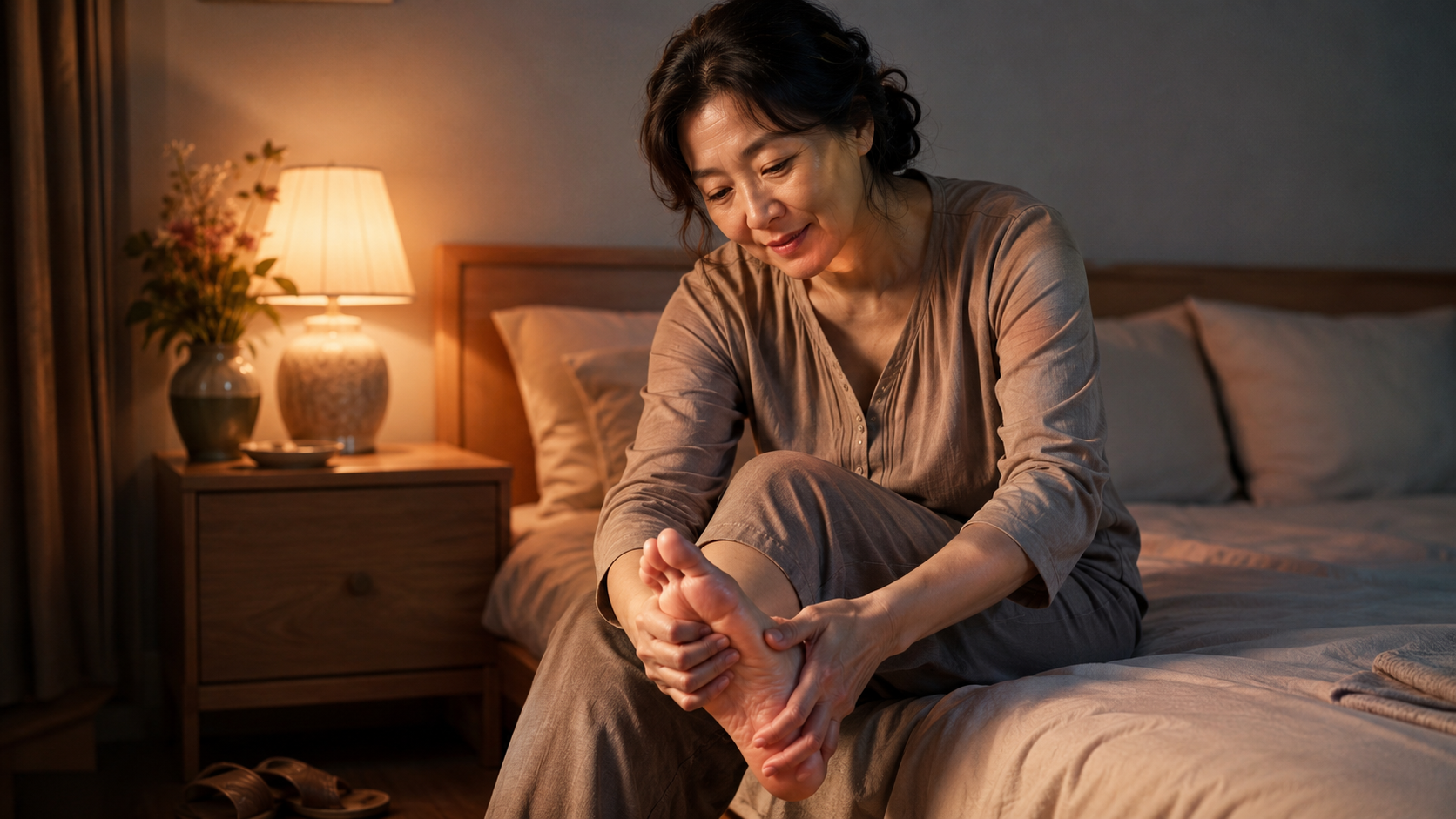 여름철 얇은 신발로 인해 발생한 야간 다리 경련을 예방하기 위해, 잠들기 전 침대에 걸터앉아 양손으로 꼼꼼하게 발바닥 아치를 지압하며 하체의 피로를 풀고 있는 50대 여성의 모습