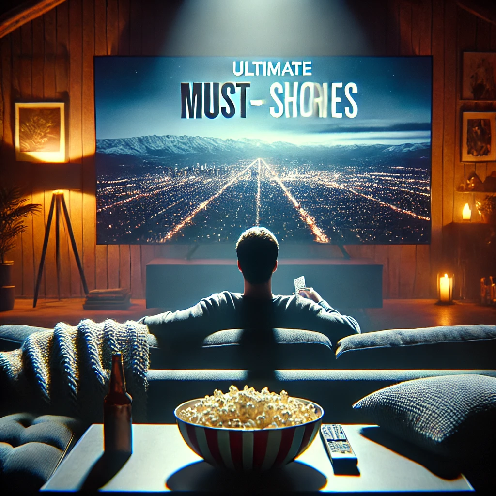 "밤늦은 거실에서 편안한 소파에 앉아 대형 TV로 인기 미드를 감상하는 사람, 영화관 같은 분위기와 팝콘이 함께하는 장면"