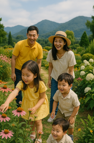 정원에서 꽃 구경을 하며 즐거워하는 가족 모습