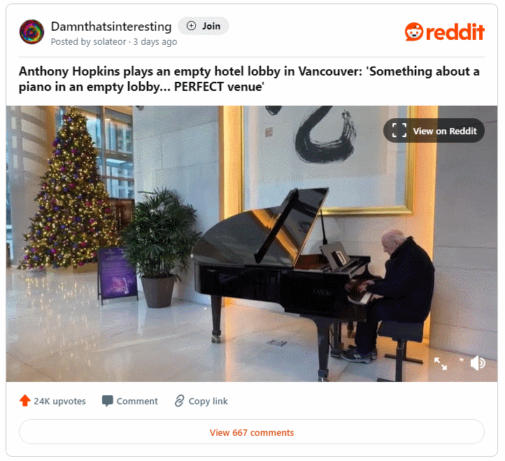 영화계의&nbsp;전설 앤서니&nbsp;홉킨스, 호텔 로비에서 즉석 피아노 연주 VIDEO: Sir Anthony Hopkins Delivers Impromptu Piano Performance in Empty Hotel Lobby