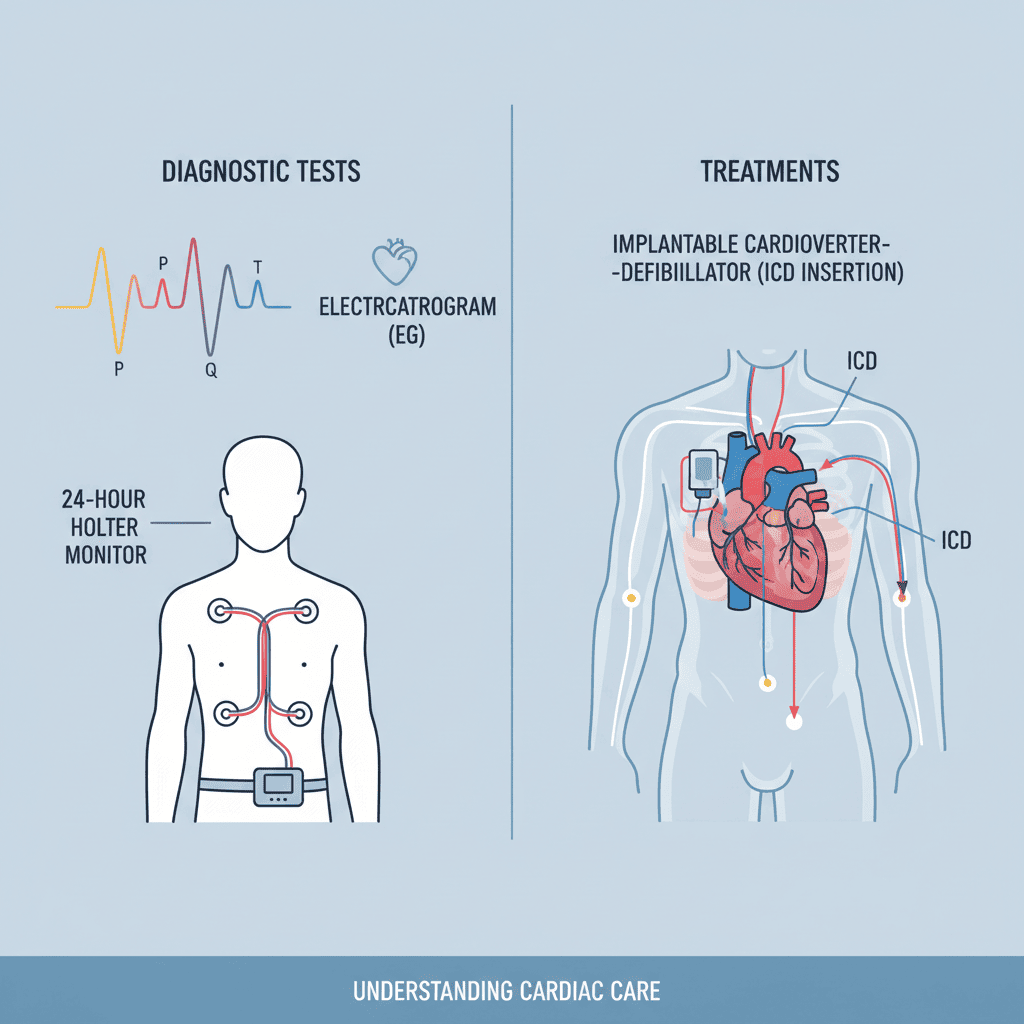 심전도 검사, 24시간 홀터 모니터 착용 모습, 인공심장박동기 삽입 모식도