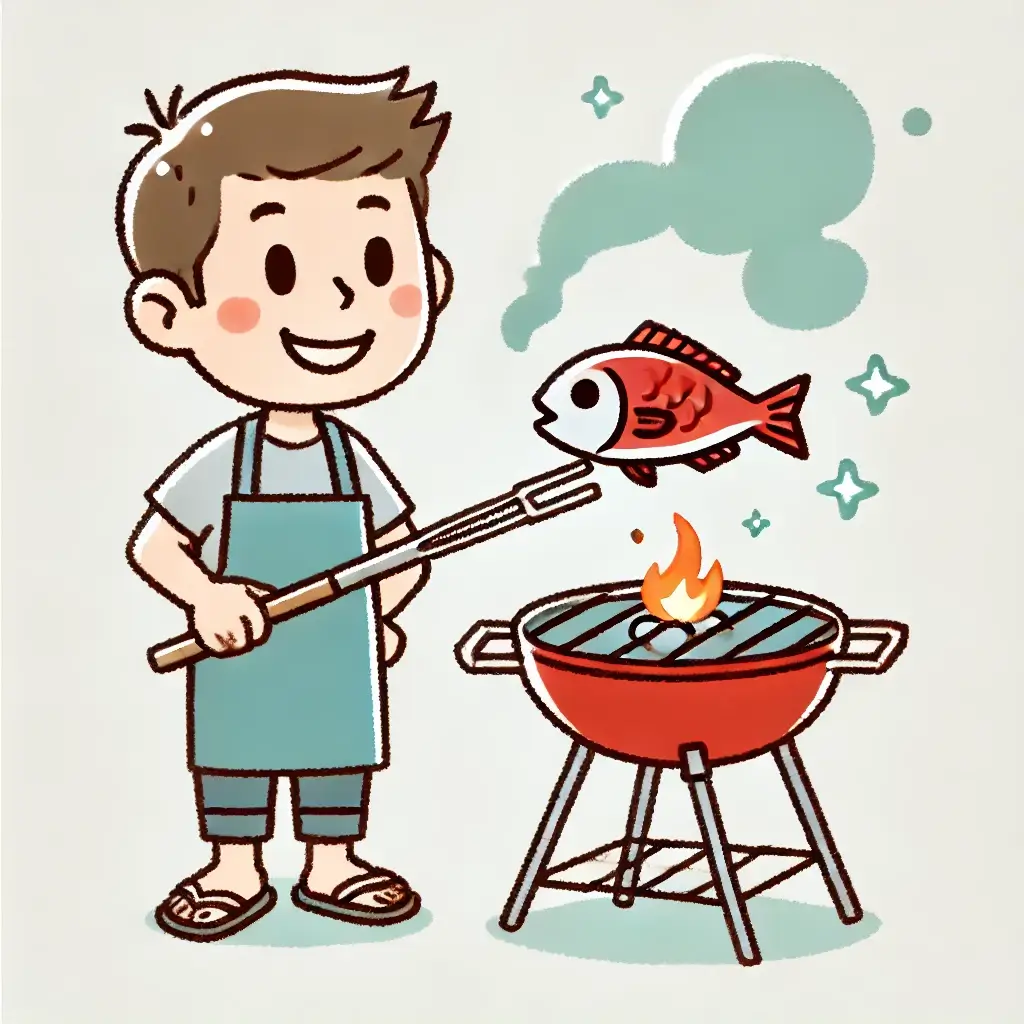 그릴에서 참돔을 구우며 요리를 준비하는 남성