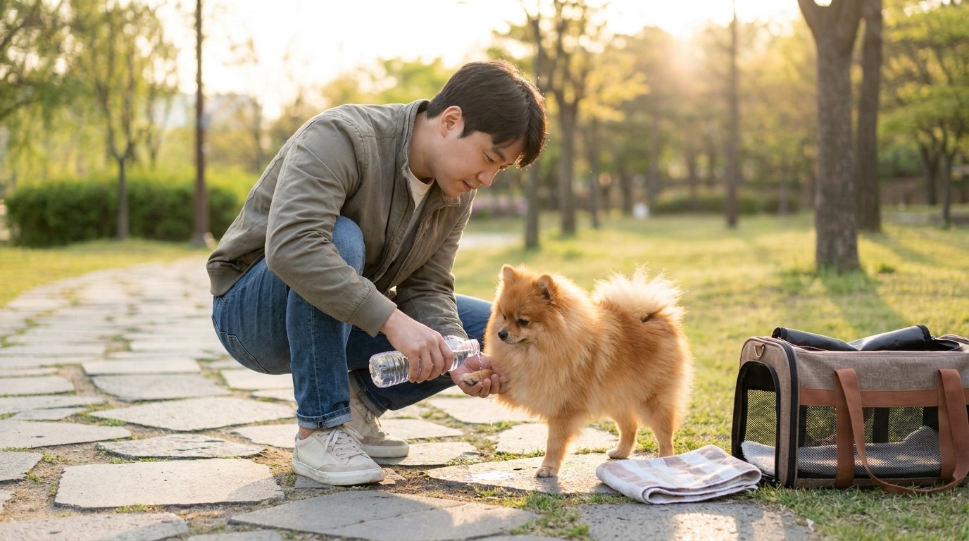 보호자가 포메라니안 발바닥 물로 헹궈주는 모습