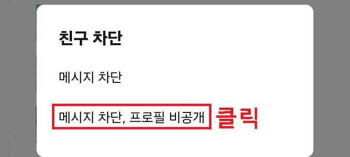 메시지 차단, 프로필 비공개 메뉴 클릭함