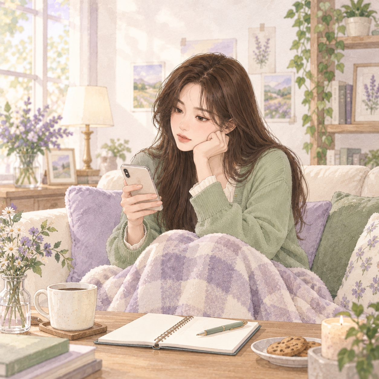 하린이 집에서 메시지를 보며 주말 계획에 대한 자신의 생각을 살펴보는 모습