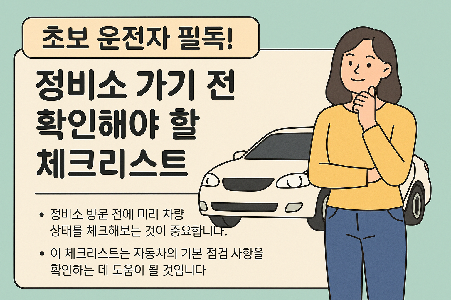 정비소 가기 전 체크리스트를 설명하는 여성과 차량 일러스트