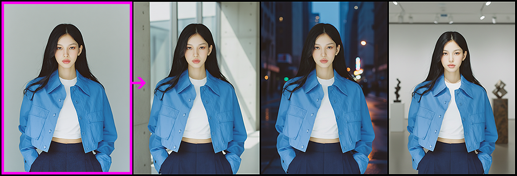 동일 인물을 유지한 채 모던 건축과 도심 배경으로 변경한 변주 결과 이미지_Nano Banana