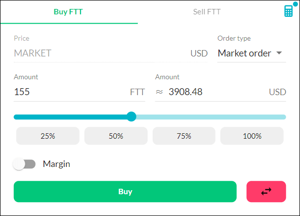 FTT 현물 마켓에서 150개를 구매하는 것을 캡쳐한 사진