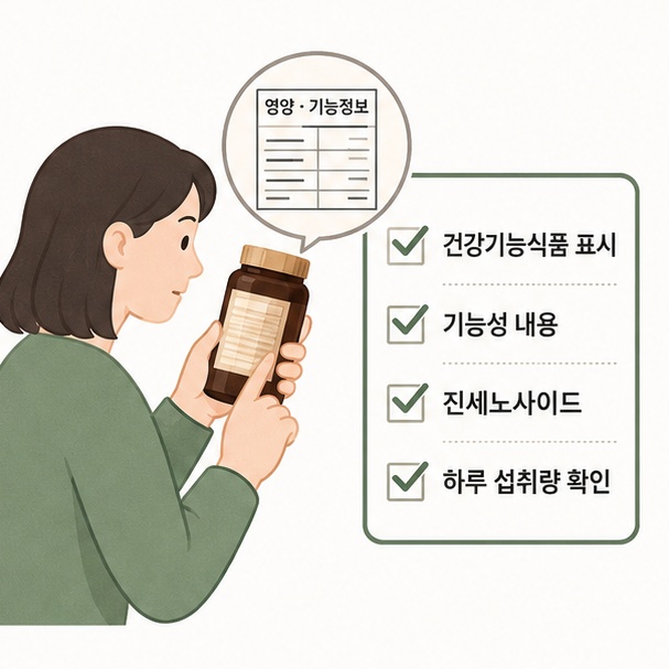 홍삼 제품을 고를 때 건강기능식품 표시와 기능성 내용, 진세노사이드와 하루 섭취량을 확인하는 모습을 보여주는 그림