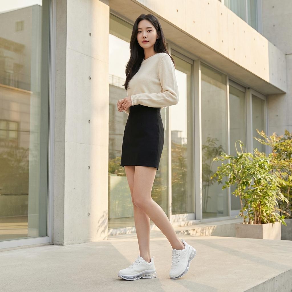 하이웨이스트 팬츠와 운동화를 매치해 젊어 보이는 법