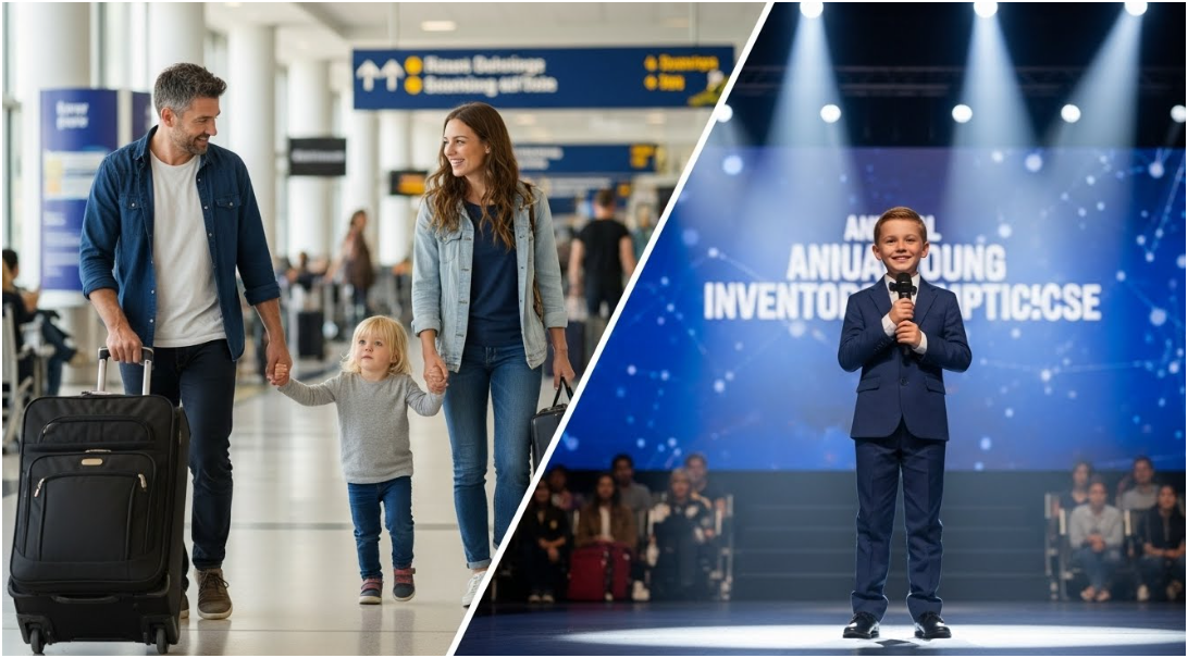 가족이 여행가는 모습과, 아이가 발표하는 이미지