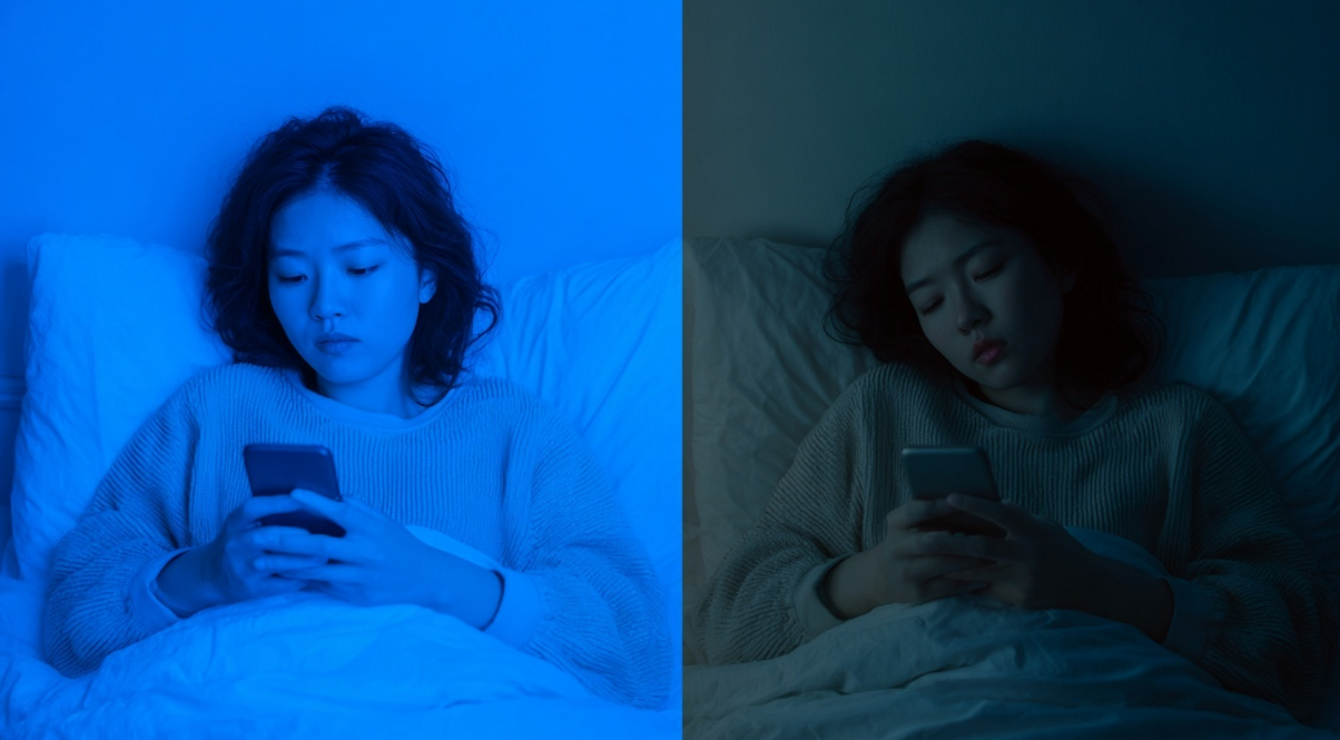 스마트폰 중독의 직장인의 모습, 수면시 까지 스마튼폰 하는 모습