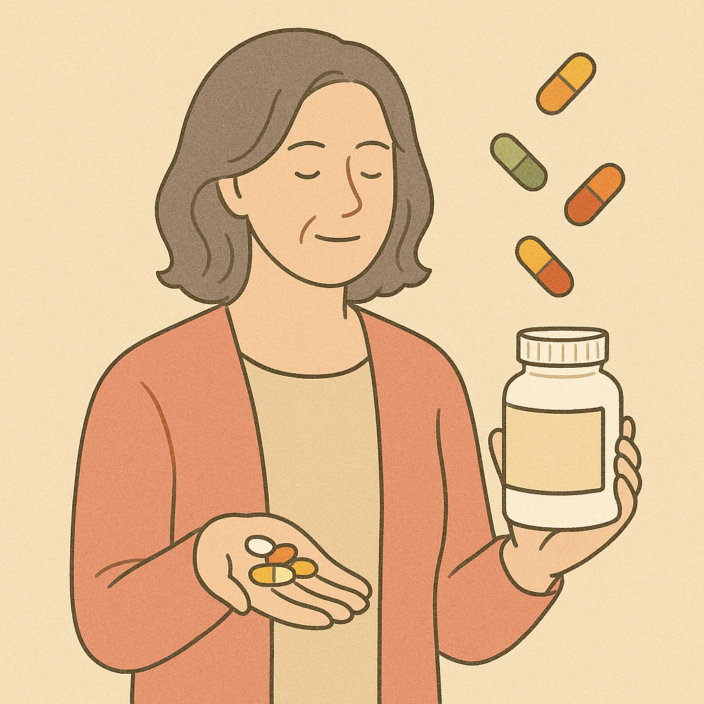 중년여성이 영양제를 들고 있는 모습