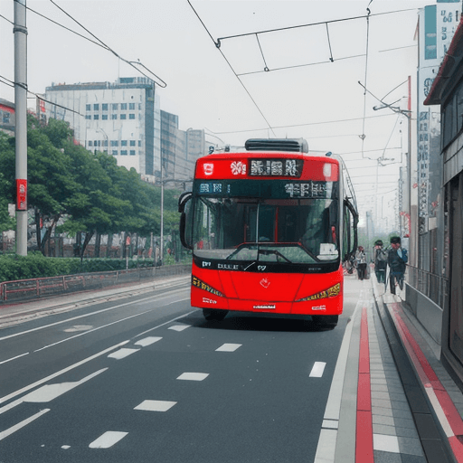 도로를 달리는 빨간색 버스 이미지