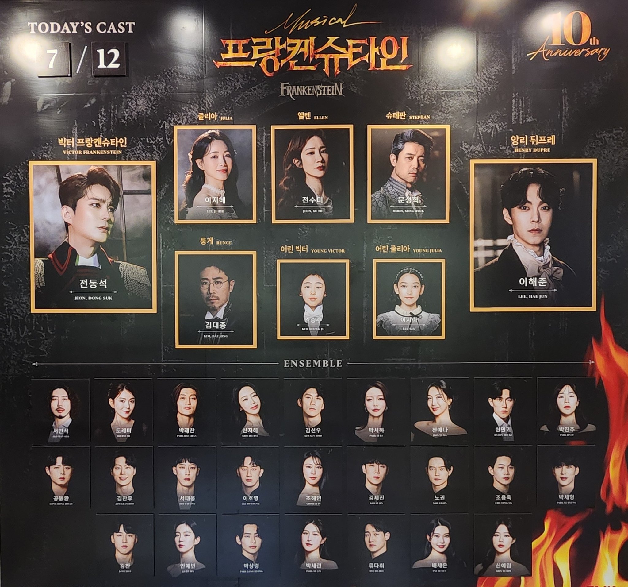2024년 7월 12일 뮤지컬 프랑켄슈타인 낮공

빅터 프랑켄슈타인 - 전동석
앙리 뒤프레 - 이해준
줄리아 - 이지혜
엘렌 - 전수미
슈테판 - 문성혁
룽게 - 김대종
어린 빅터 - 김승주
어린 줄리아 - 이시아