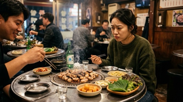 맥주와 소주가 함께 놓인 회식 테이블 장면