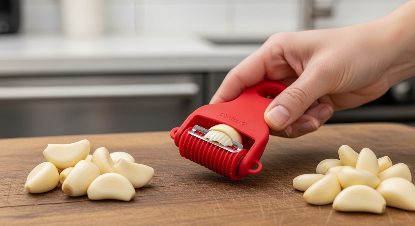 빨간색 실리콘 마늘 필러로 마늘 껍질을 문질러 벗기는 손의 클로즈업.