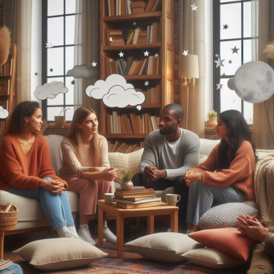 사람들이 꿈에 대해 이야기하며 책을 펼쳐보는 모습입니다. 꿈과 관련된 그림이 그려진 벽이 배경에 있습니다.