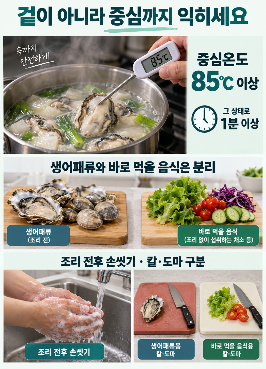 어패류 살 중심의 식품 온도계 85℃와 1분 이상 유지의 관계를 실사로 표시. 생어패류와 바로 먹을 식품의 도마를 구분.