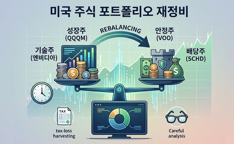 미국 주식 포트폴리오의 위험을 관리하고 수익률을 최적화하기 위해 자산 비중을 재조정하는(리밸런싱) 세련된 시각 자료