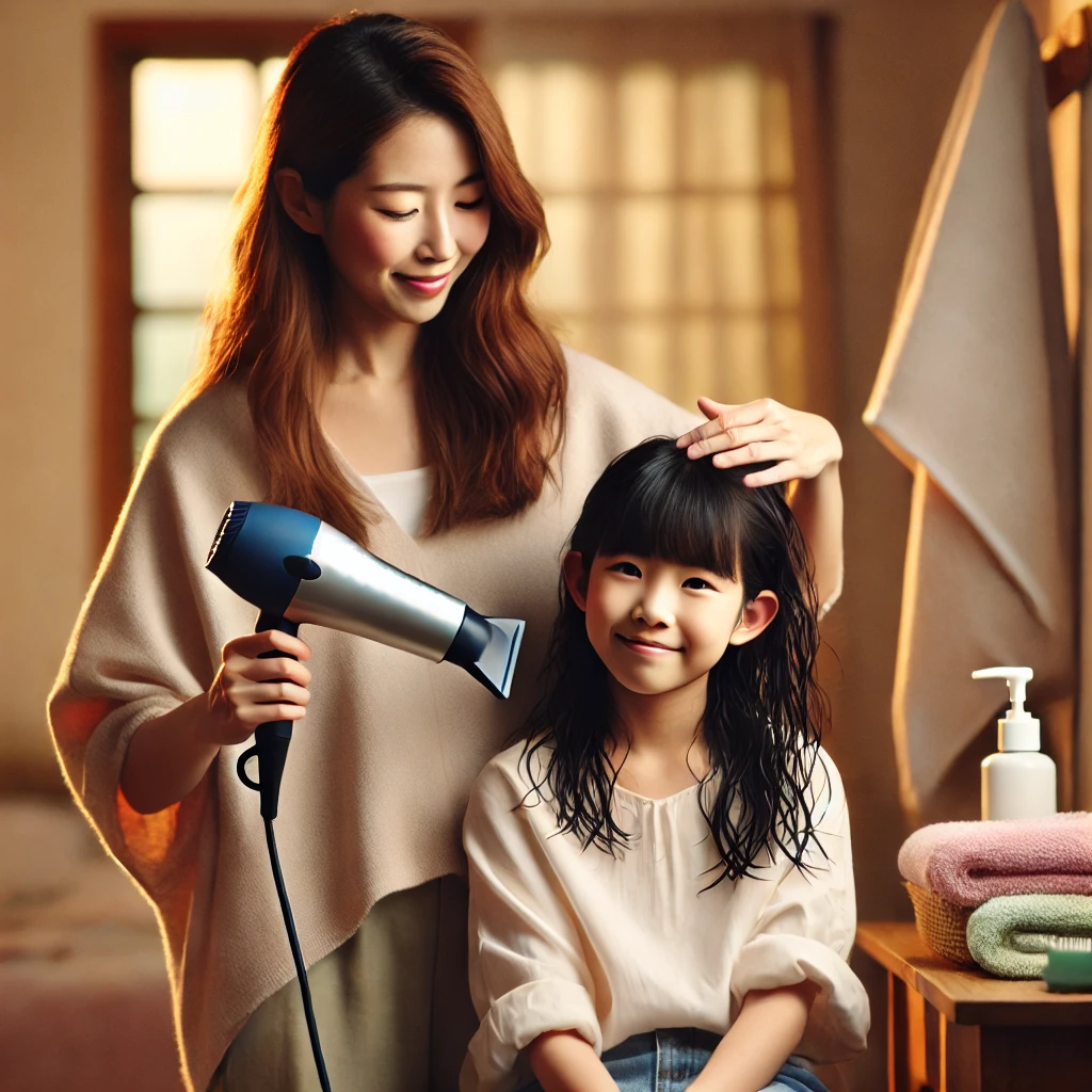 이 사진은 30대 한국엄마가 초등학생 딸의 머리카락을 드라이기로 말려주는 사진입니다.