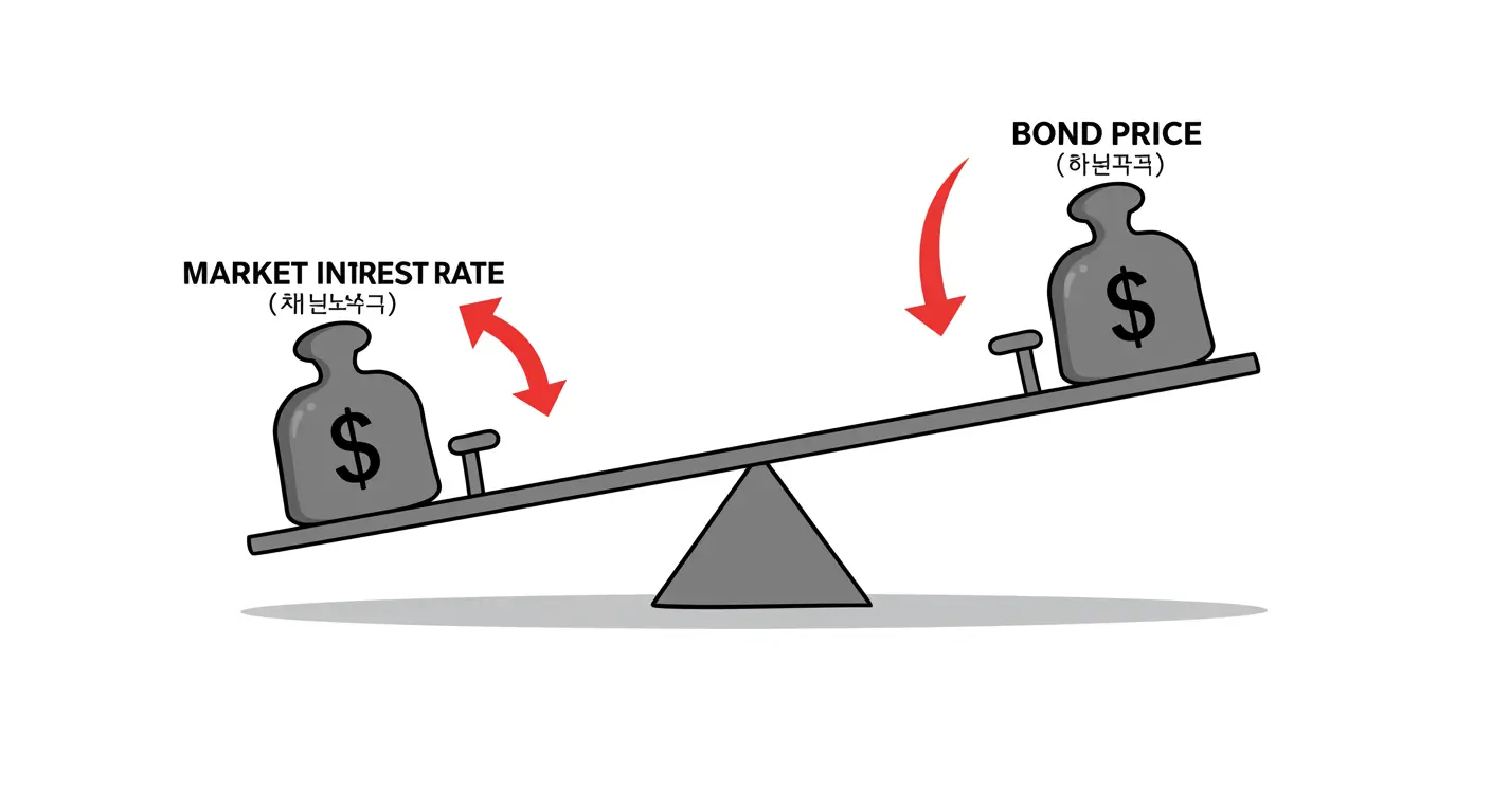 시장 금리가 상승하면 채권 가격이 하락하는 시소 그림 (금리와 채권 가격의 역관계)