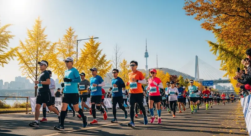 단풍 든 가을 한강변을 따라 N서울타워를 배경으로 활기차게 달리는 마라토너들