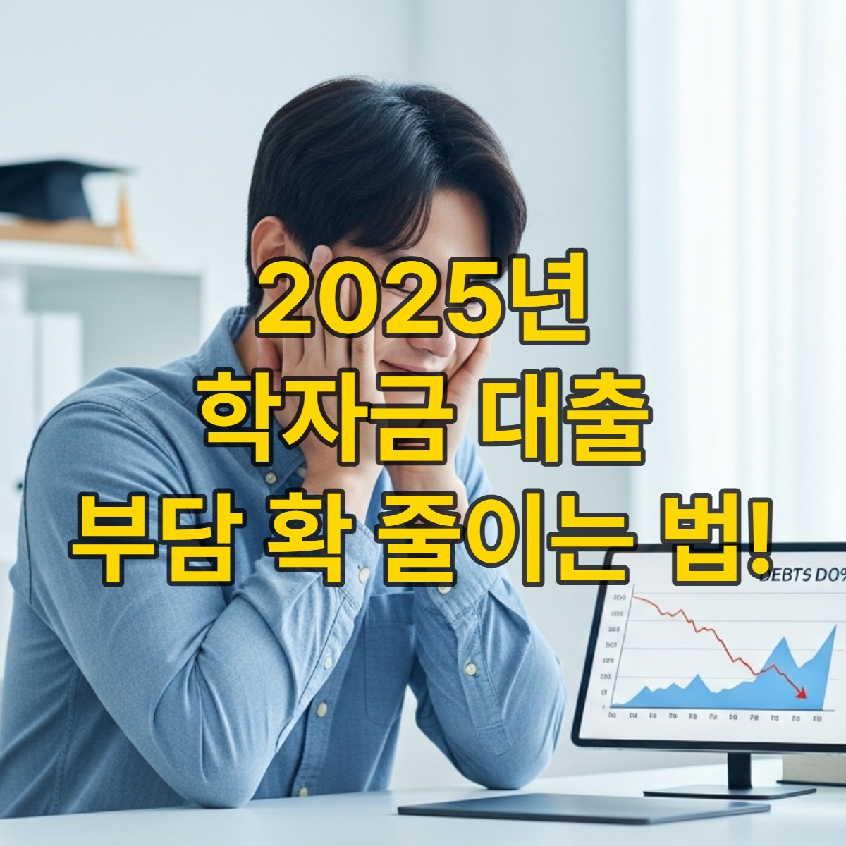 학자금 대출 부담을 덜고 환하게 웃는 20대 청년이 노트북을 보며 안도하는 모습, 저금리 대환대출로 재정적 안정감을 찾은 희망찬 분위기