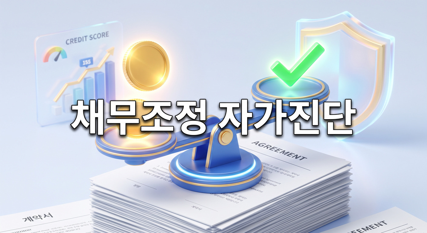 금화와 초록색 체크 표시가 균형을 이루는 디지털 저울이 법률 문서 위에 안전하게 놓여 있고, 신용점수 그래프를 보호하는 방패가 빛나는 3D 일러스트 배경에, 짙은 그림자와 외곽선으로 선명하게 강조된 '채무조정 자가진단'이라는 한글 문구가 중앙에 적힌 이미지
