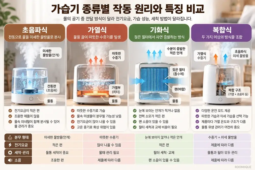 초음파식&middot;가열식&middot;기화식&middot;복합식 가습기의 작동 원리와 전기요금, 세척 관리, 소음 차이 비교