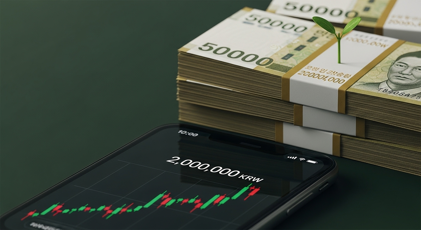 A minimalist, impactful image for a finance blog post. A thick stack of 50,000 KRW bills (Korean currency) with a single, small seed growing out of the top. In the foreground, a smartphone screen displays a rising stock chart or a savings account with '2,000,000 KRW' clearly visible. The overall mood is hopeful, professional, and clean, using a color palette of deep greens and gold